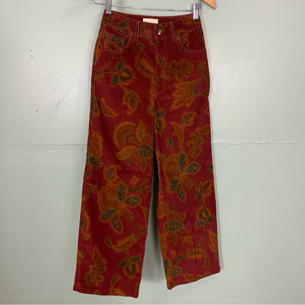 Sezane Le Crop In Sana Print‎ Red Corduroy Paisley Floral Size 2 Pants - Picture 2 of 6